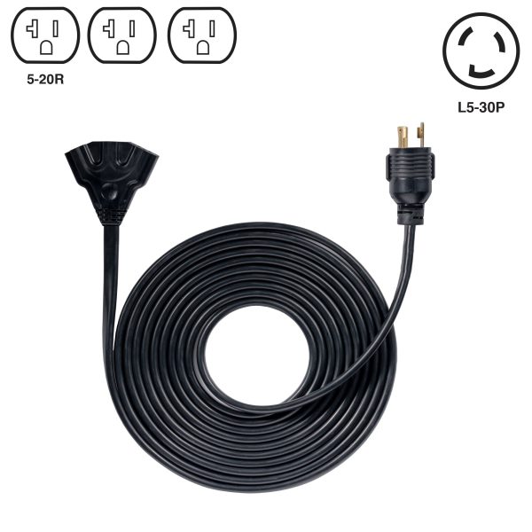 25′ Generator Cord: 30A 120V L5-30P to (3x) 5-20R