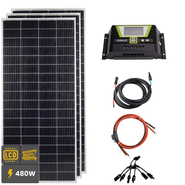 480W Solar Inselanlage Bausatz (3x160W) Solar Laderegler 30A LR30ALCD 2xUSB 12/24V