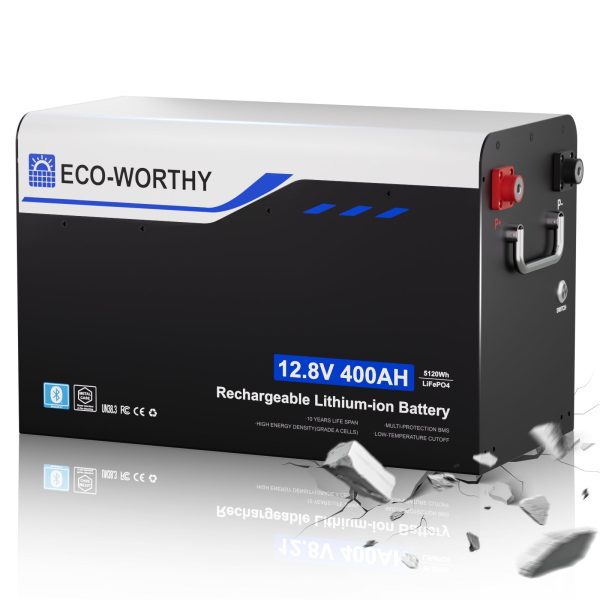 Eco-worthy 12V 400AH Metal Case LiFePO4 Lithium Battery with Bluetooth, Built in 250A BMS, Low-Temp Protection, 5120Wh Max for RV, Camper, Travel Trailer, Off-Grid